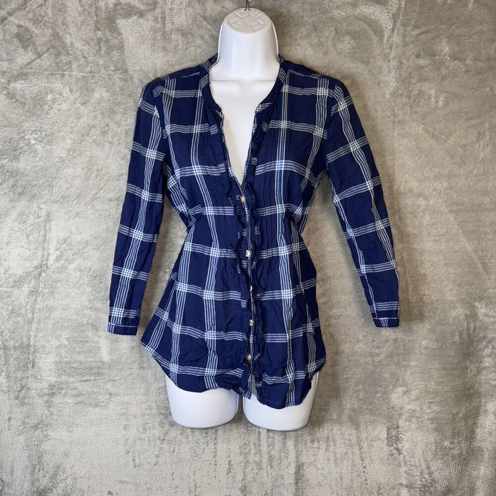 Hollister Y2K Plaid Button Shirt Sz Sm Blue Ruffle Trim Cottagecore Preppy